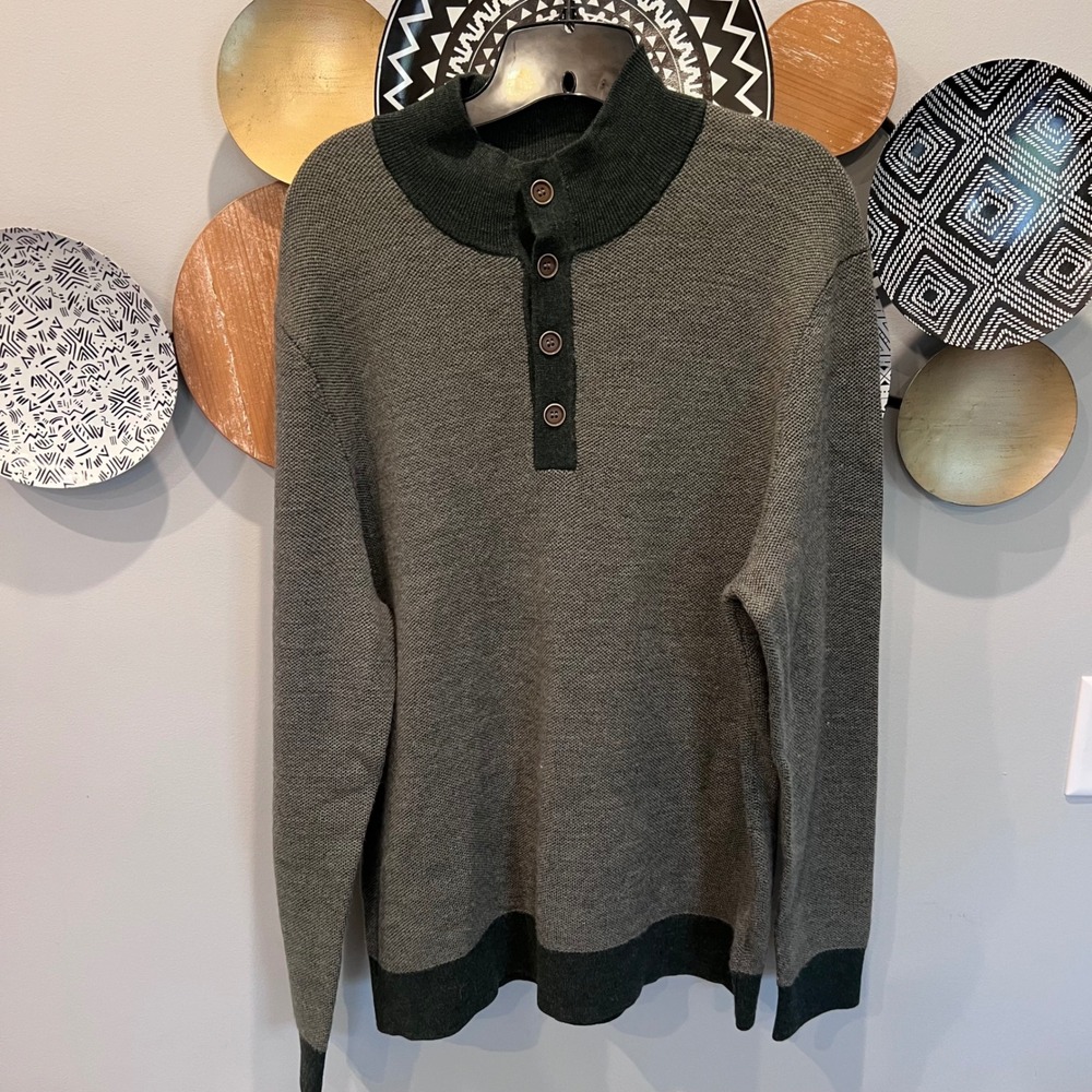 Untuckit Sorensen Merino Wool Henley Sweater Mens XL Green Birds Eye Knit 30463